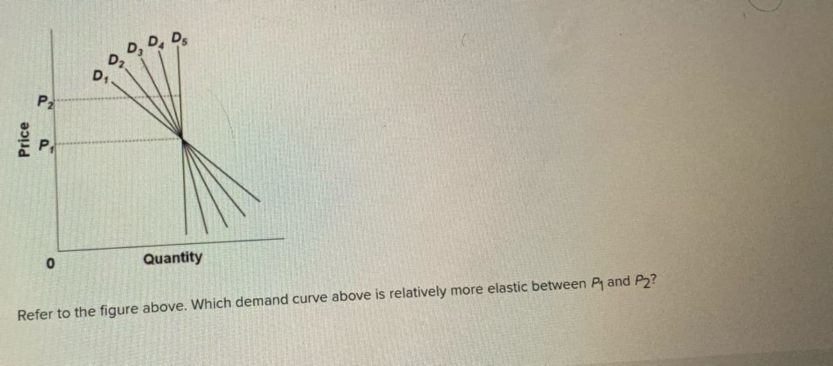 D, D, D,
D,
Quantity
Refer to the figure above. Which demand curve above is relatively more elastic between P and P2?
Price
