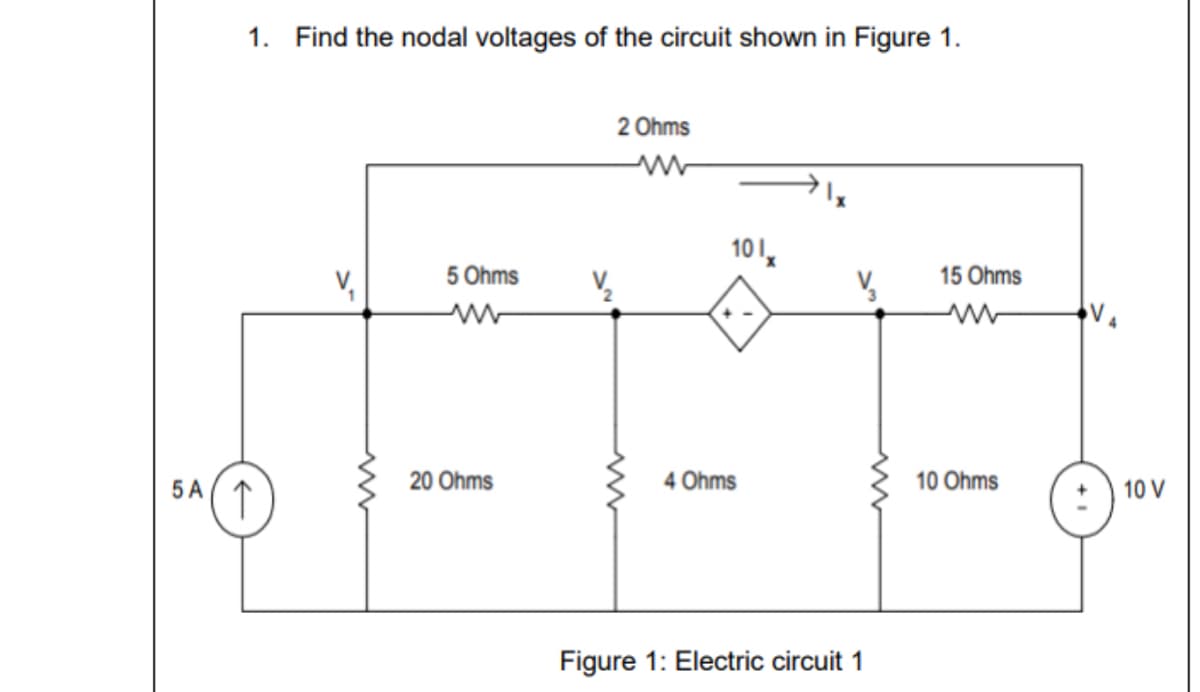 1. Find the nodal voltages of the circuit shown in Figure 1.
2 Ohms
10 !,
5 Ohms
15 Ohms
V,
5 A
20 Ohms
4 Ohms
10 Ohms
10 V
Figure 1: Electric circuit 1
