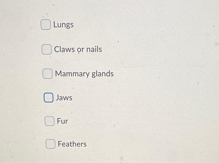 Lungs
Claws or nails
O Mammary glands
Jaws
O Fur
O Feathers
