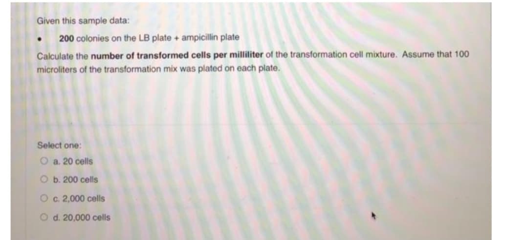Given this sample data:
200 colonies on the LB plate + ampicillin plate
Calculate the number of transformed cells per milliliter of the transformation cell mixture. Assume that 100
microliters of the transformation mix was plated on each plate.
Select one:
O a. 20 cells
O b. 200 cells
O c. 2,000 cells
O d. 20,000 cells
