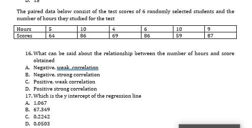 The paired data below consist of the test scores of 6 randomly selected students and the
number of hours they studied for the test
Hours
10
4
6.
10
Scores
64
86
69
86
59
87
16. What can be said about the relationship between the number of hours and score
obtained
A. Negative, weak correlation
B. Negative, strong correlation
C. Positive, weak correlation
D. Positive strong correlation
17. Which is the y intercept of the regression line
A. 1.067
B. 67.349
C. 0.2242
D. 0.0503

