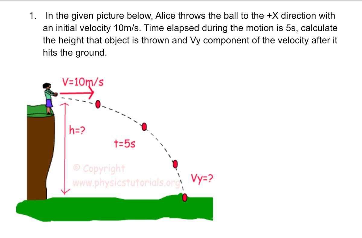 1. In the given picture below, Alice throws the ball to the +X direction with
an initial velocity 10m/s. Time elapsed during the motion is 5s, calculate
the height that object is thrown and Vy component of the velocity after it
hits the ground.
V=10m/s
h=?
t=5s
© Copyright
www.physicstutorials.org Vy=?
