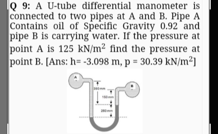 lQ 9: A U-tube differential manometer is
connected to two pipes at A and B. Pipe A
Contains oil of Specific Gravity 0.92 and
pipe B is carrying water. If the pressure at
point A is 125 kN/m² find the pressure at
point B. [Ans: h= -3.098 m, p = 30.39 kN/m²]
350 mm
150m
260 mm
