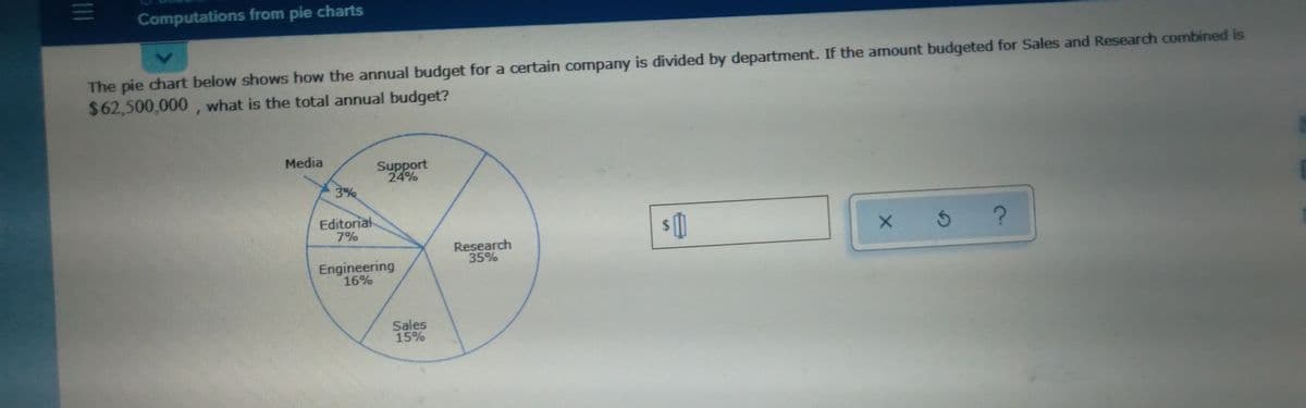 Computations from pie charts
The pie chart below shows how the annual budget for a certain company is divided by department. If the amount budgeted for Sales and Research combined is
$62,500,000 , what is the total annual budget?
Media
Support
24%
3%
Editorial
7%
5 ?
Research
35%
Engineering
16%
Sales
15%
