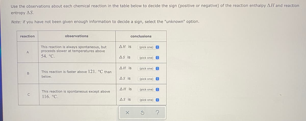 Use the observations about each chemical reaction in the table below to decide the sign (positive or negative) of the reaction enthalpy AH and reaction
entropy AS.
Note: if you have not been given enough information to decide a sign, select the "unknown" option.
reaction
observations
conclusions
This reaction is always spontaneous, but
ΔΗ is
(pick one) e
proceeds slower at temperatures above
A.
54. °C.
As is
(pick one) e
ΔΗ is
(pick one) O
This reaction is faster above 121. °C than
below.
As is
(pick one) e
ΔΗ is
(pick one) e
This reaction is spontaneous except above
116. °C.
AS is
(pick one) e
