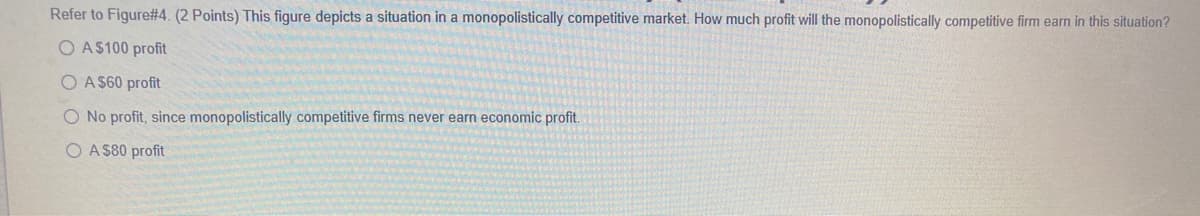 Refer to Figure#4. (2 Points) This figure depicts a situation in a monopolistically competitive market. How much profit will the monopolistically competitive firm earn in this situation?
O A$100 profit
O A $60 profit
O No profit, since monopolistically competitive firms never earn economic profit.
O A $80 profit
