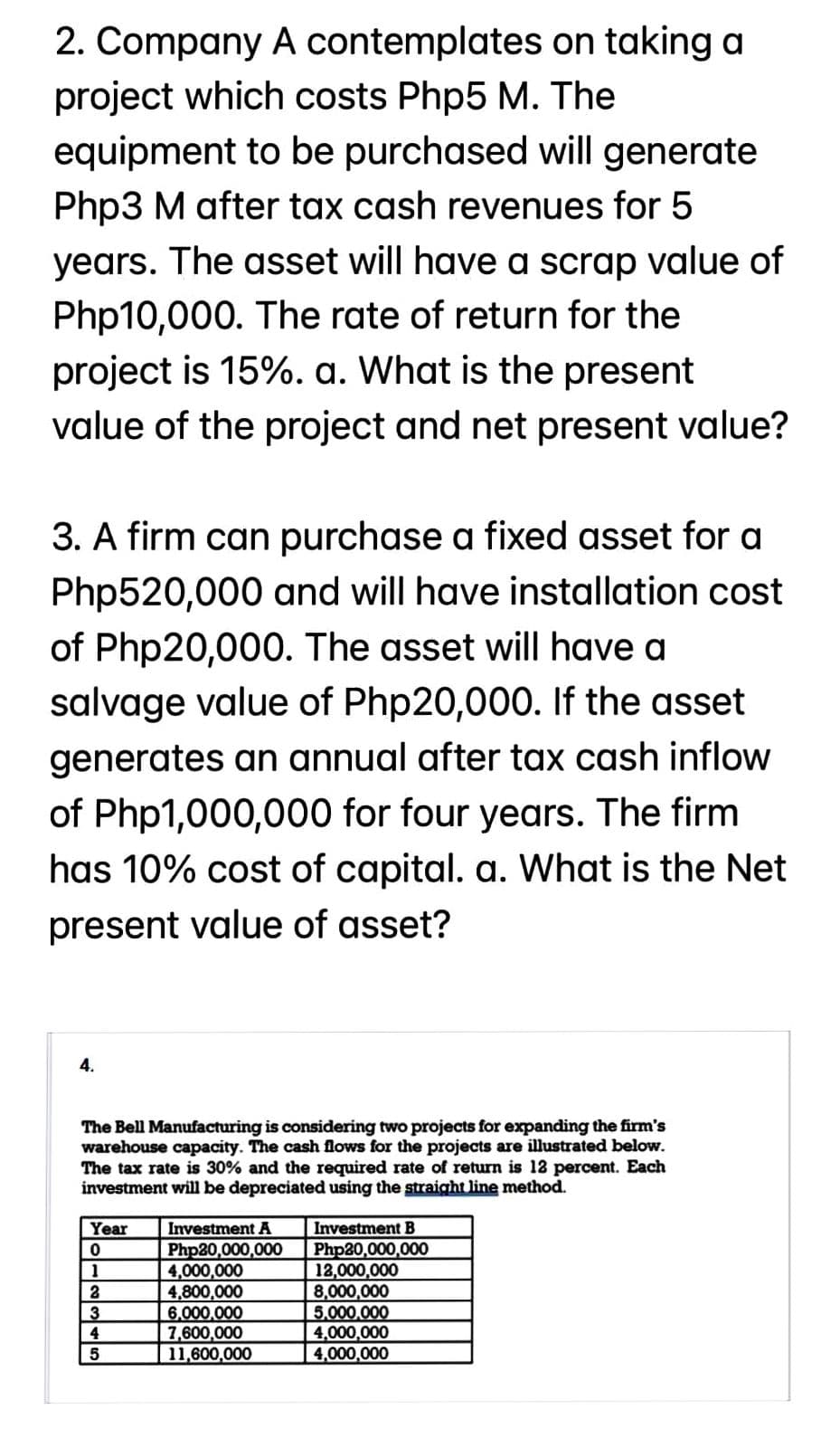 2. Company A contemplates on taking a
project which costs Php5 M. The
equipment to be purchased will generate
Php3 M after tax cash revenues for 5
years. The asset will have a scrap value of
Php10,000. The rate of return for the
project is 15%. a. What is the present
value of the project and net present value?
3. A firm can purchase a fixed asset for a
Php520,000 and will have installation cost
of Php20,000. The asset will have a
salvage value of Php20,000. If the asset
generates an annual after tax cash inflow
of Php1,000,000 for four years. The firm
has 10% cost of capital. a. What is the Net
present value of asset?
4.
The Bell Manufacturing is considering two projects for expanding the firm's
warehouse capacity. The cash flows for the projects are illustrated below.
The tax rate is 30% and the required rate of return is 12 percent. Each
investment will be depreciated using the straight line method.
Year
0
1
2
3
4
5
Investment A
Php20,000,000
4,000,000
4,800,000
6,000,000
7,600,000
11,600,000
Investment B
Php20,000,000
12,000,000
8,000,000
5,000,000
4,000,000
4,000,000