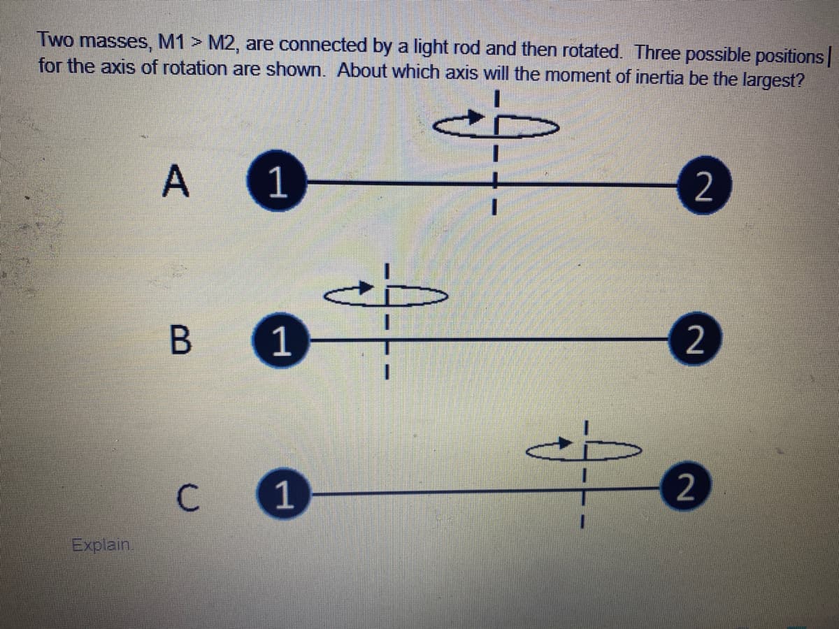 Two masses, M1 > M2, are connected by a light rod and then rotated. Three possible positions|
for the axis of rotation are shown. About which axis will the moment of inertia be the largest?
A
1
2
1
2
C
1
Explain.
2.
中
