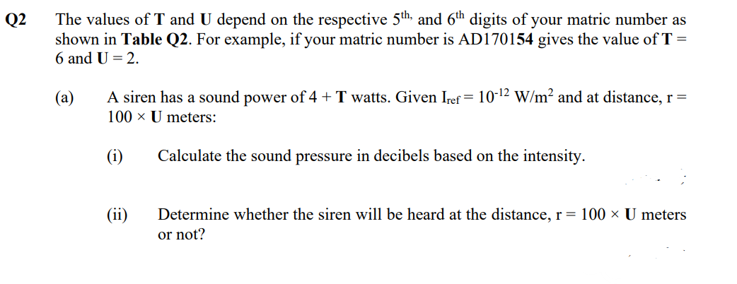 The values of T and U depend on the respective 5th, and 6th digits of your matric number as
shown in Table Q2. For example, if your matric number is AD170154 gives the value of T =
6 and U = 2.
Q2
(a)
A siren has a sound power of 4 + T watts. Given Iref = 10-12 W/m? and at distance, r =
100 x U meters:
(i)
Calculate the sound pressure in decibels based on the intensity.
(ii)
Determine whether the siren will be heard at the distance, r= 100 × U meters
or not?
