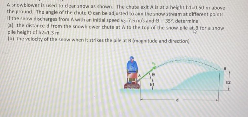 A snowblower is used to clear snow as shown. The chute exit A is at a height h1=0.50 m above
the ground. The angle of the chute e can be adjusted to aim the snow stream at different points.
If the snow discharges from A with an initial speed vo=7.5 m/s and e = 35°, determine
(a) the distance d from the snowblower chute at A to the top of the snow pile at, B for a snow
pile height of H23D1.3 m
(b) the velocity of the snow when it strikes the pile at B (magnitude and direction)
h2
