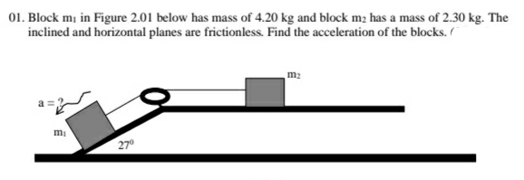 01. Block mi in Figure 2.01 below has mass of 4.20 kg and block m₂ has a mass of 2.30 kg. The
inclined and horizontal planes are frictionless. Find the acceleration of the blocks.
m₂
m₁
27⁰