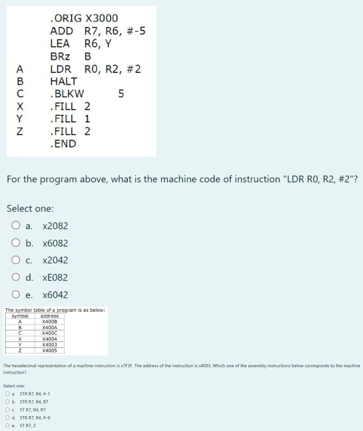 A
B
с
X
Y
- N
Select one:
.ORIG X3000
ADD R7, R6, #-5
LEA R6, Y
BRZ B
LDR
HALT
.BLKW
For the program above, what is the machine code of instruction "LDR RO, R2, #2"?
a. x2082
O b. x6082
O c. x2042
O d. xE082
O e. x6042
symbol
A
B
C
X
Y
Z
The symbol table of a program is as below:
address
X400B
X400A
X400C
X4004
X4003
X4005
Select one:
a.
O b.
O c.
.FILL 2
.FILL 1
.FILL 2
.END
RO, R2, #2
The hexadecimal representation of a machine instruction is x7F3F. The address of the instruction is x4003. Which one of the assembly instructions below corresponds to the machine
instruction?
STR R7, R4, #-1
STR R7, R4, R7
ST R7, R4, R7
STR R7, R4, #-9
d.
e. ST R7, Z
5