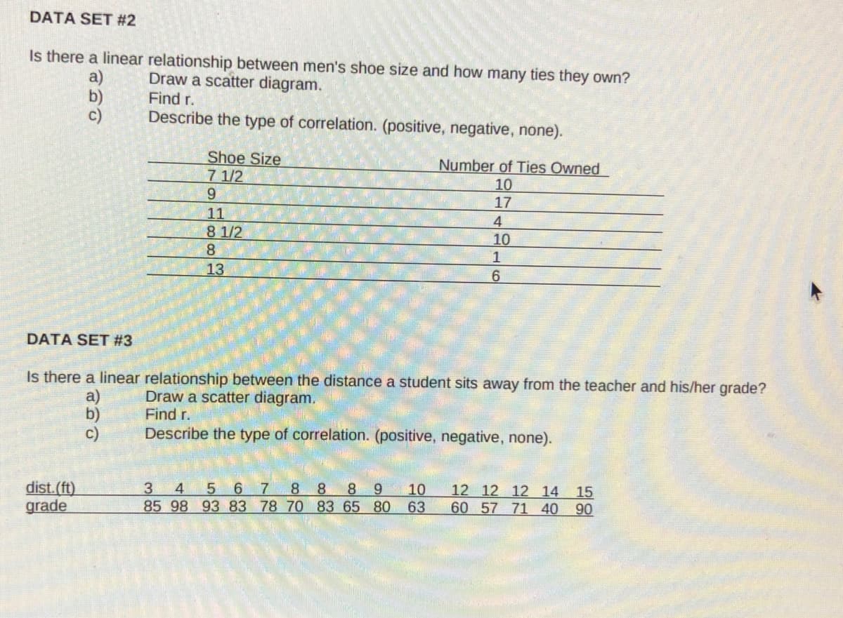 DATA SET #2
Is there a linear relationship between men's shoe size and how many ties they own?
a)
Draw a scatter diagram.
Find r.
C)
Describe the type of correlation. (positive, negative, none).
Shoe Size
7 1/2
9.
Number of Ties Owned
10
17
11
4
8 1/2
10
8.
13
DATA SET #3
Is there a linear relationship between the distance a student sits away from the teacher and his/her grade?
a)
b)
c)
Draw a scatter diagram.
Find r.
Describe the type of correlation. (positive, negative, none).
dist.(ft)
grade
7.
12 12 12 14 15
60 57 71 40 90
6.
8.
8.
8.
10
85 98 93 83 78 70 83 65 80
9.
63
