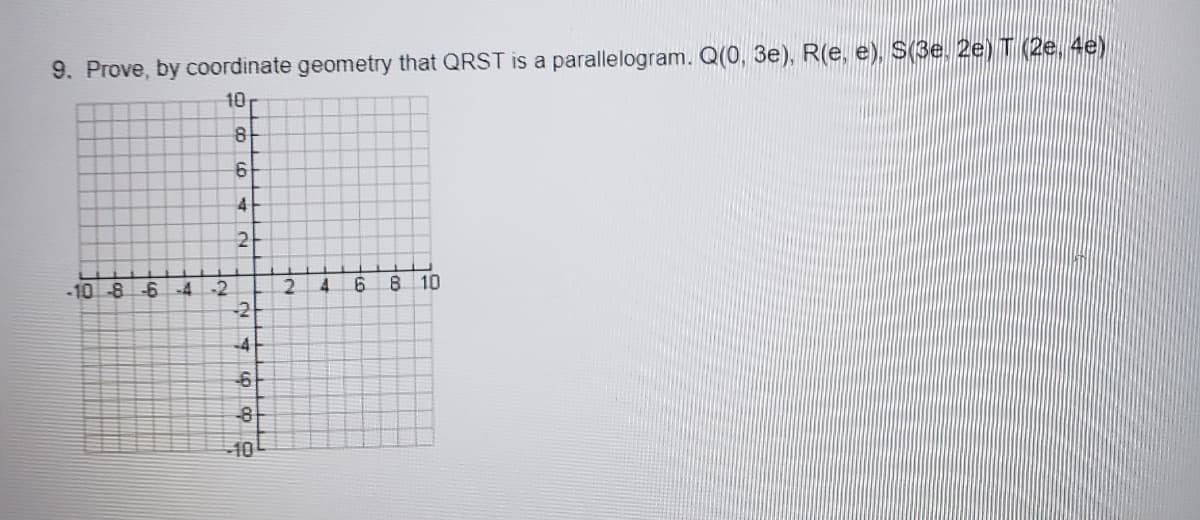 9. Prove, by coordinate geometry that QRST is a parallelogram. Q(0, 3e), R(e, e), S(3e. 2e) T (2e. 4e)
10r
-10 -8 -6-4
8.
-2
-2
10
-8
10
