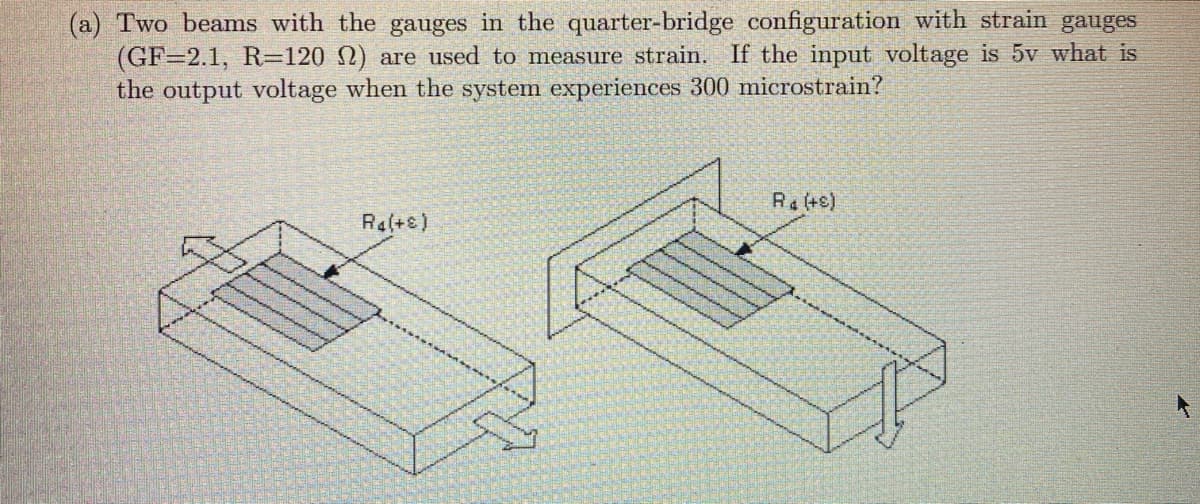 (a) Two beams with the gauges in the quarter-bridge configuration with strain gauges
(GF=2.1, R=120 N) are used to measure strain. If the input voltage is 5v what is
the output voltage when the system experiences 300 microstrain?
Ra(+8)
Ra(+e)
