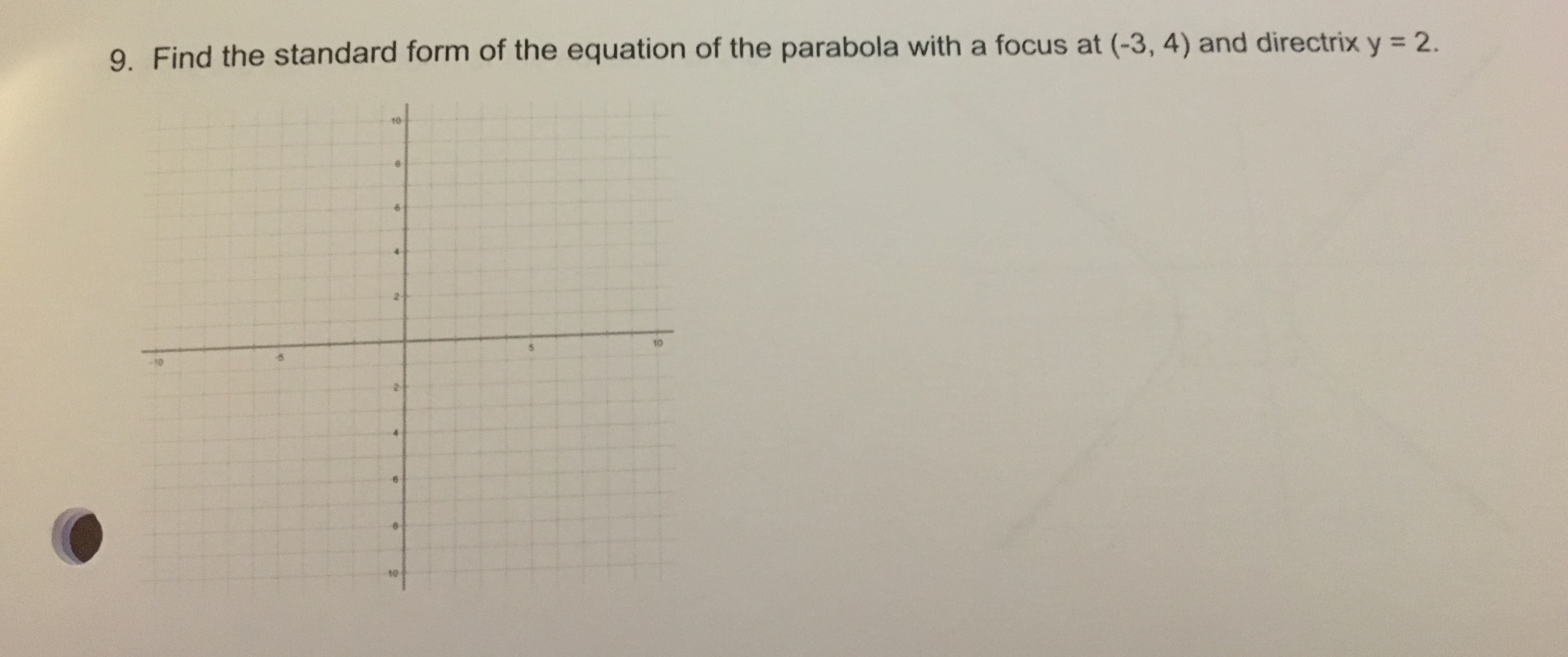 9. Find the standard form of the equation of the parabola with a focus at (-3, 4) and directrix y = 2.
10
-10
10
