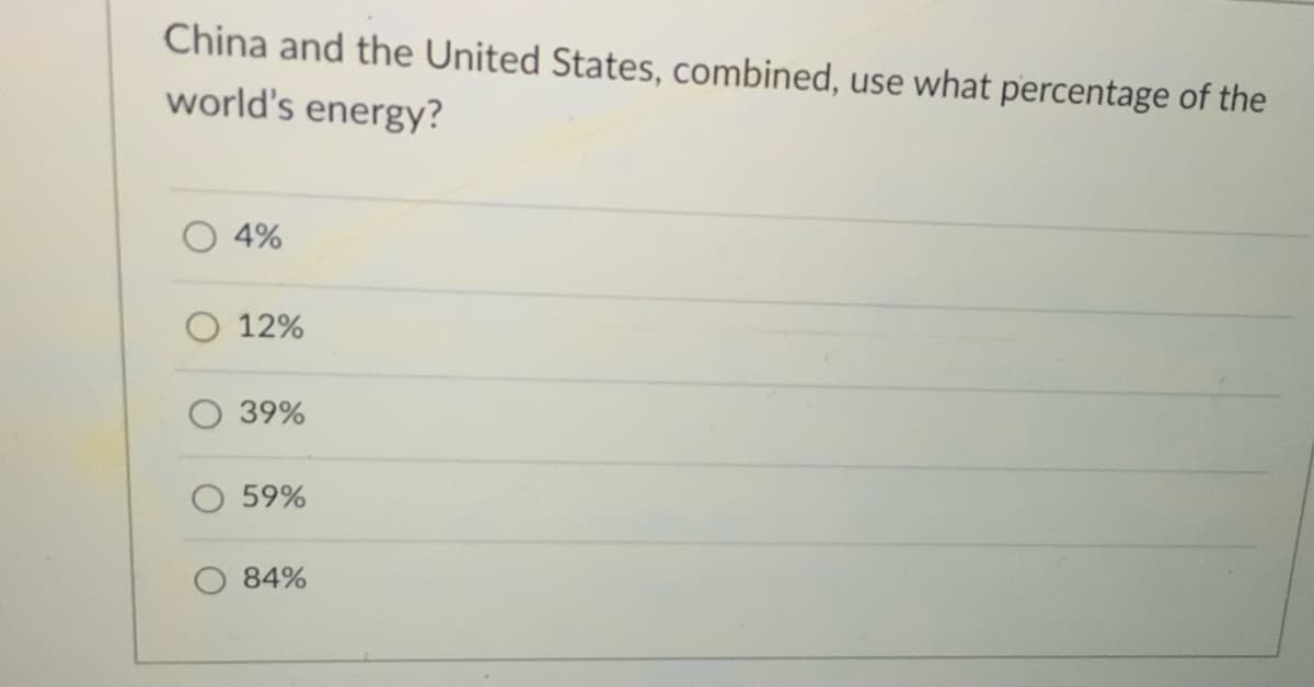 China and the United States, combined, use what percentage of the
world's energy?
4%
O 12%
O 39%
59%
84%

