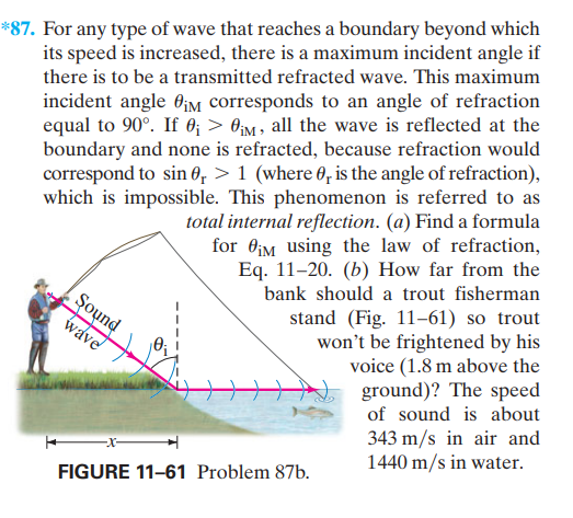 *87. For any type of wave that reaches a boundary beyond which
its speed is increased, there is a maximum incident angle if
incident angle 0¡M corresponds to an angle of refraction
equal to 90°. If 0; > Oim , all the wave is reflected at the
boundary and none is refracted, because refraction would
correspond to sin 0, > 1 (where 0, is the angle of refraction),
which is impossible. This phenomenon is referred to as
total internal reflection. (a) Find a formula
for 0jM using the law of refraction,
Eq. 11-20. (b) How far from the
there is to be a transmitted refracted wave. This maximum
bank should a trout fisherman
Şound
wave
stand (Fig. 11–61) so trout
won't be frightened by his
voice (1.8 m above the
ground)? The speed
of sound is about
343 m/s in air and
1440 m/s in water.
FIGURE 11-61 Problem 87b.

