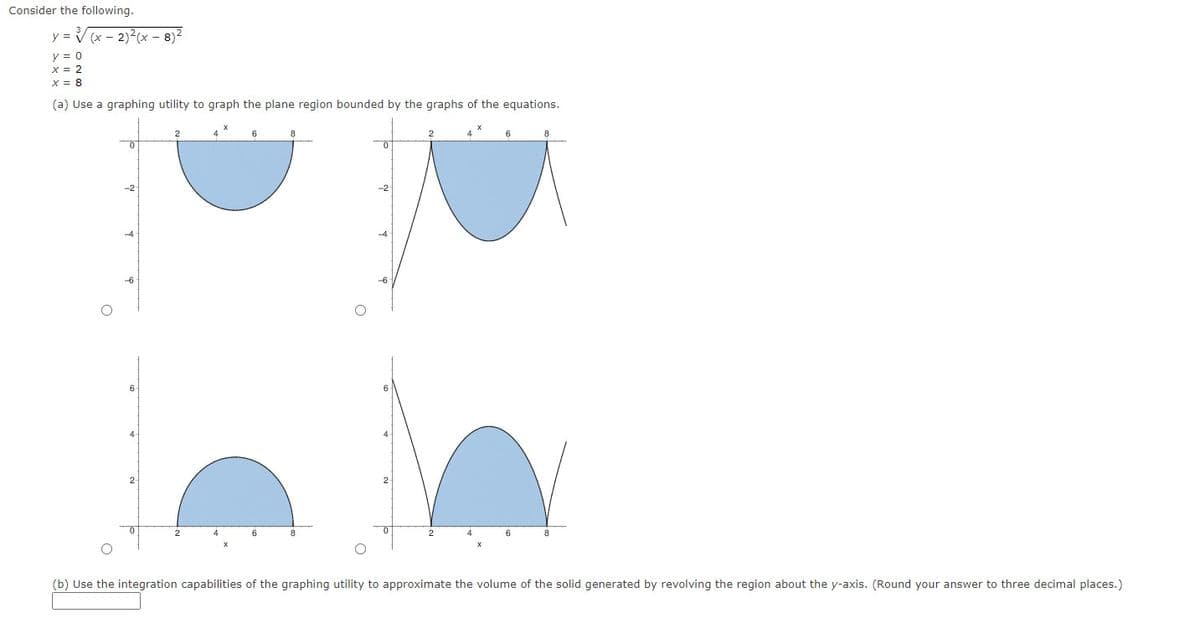 Consider the following.
y = V (x - 2)2(x - 8)2
y = 0
x = 2
X = 8
(a) Use a graphing utility to graph the plane region bounded by the graphs of the equations.
6
8
4 *
6
8
-2
-2
-6
4.
2.
2
(b) Use the integration capabilities of the graphing utility to approximate the volume of the solid generated by revolving the region about the y-axis. (Round your answer to three decimal places.)
