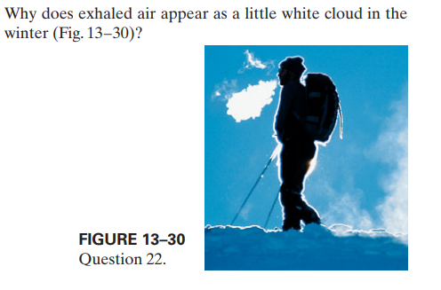 Why does exhaled air appear as a little white cloud in the
winter (Fig. 13–30)?
FIGURE 13-30
Question 22.
