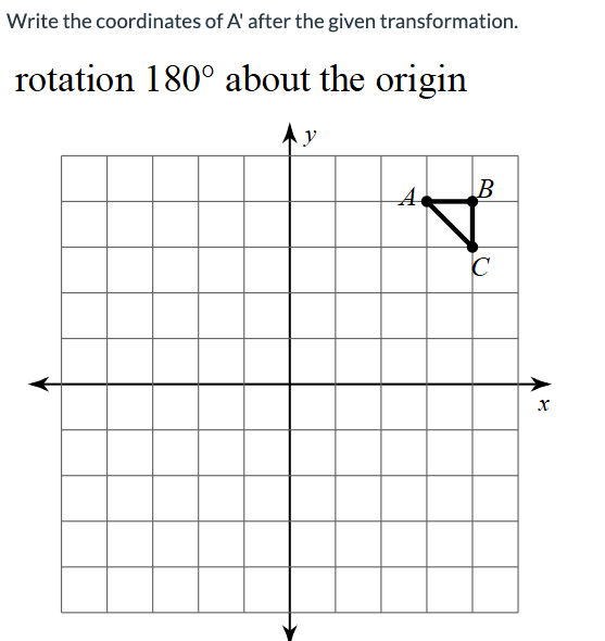 Write the coordinates of A' after the given transformation.
rotation 180° about the origin
B
C
X