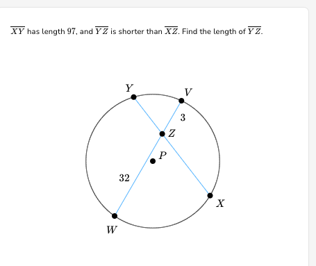 XY has length 97, and YZ is shorter than XZ. Find the length of YZ.
Y
32
W
P
Z
3
X