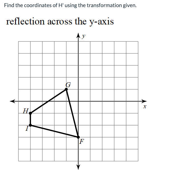Find the coordinates of H' using the transformation given.
reflection across the y-axis
H
I
G
y
F
X
