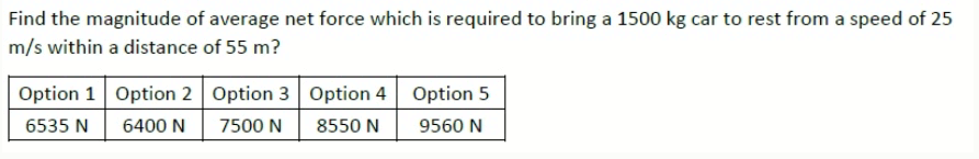 Find the magnitude of average net force which is required to bring a 1500 kg car to rest from a speed of 25
m/s within a distance of 55 m?
Option 1 Option 2 Option 3 Option 4 Option 5
6535 N
6400 N
7500 N
8550 N
9560 N
