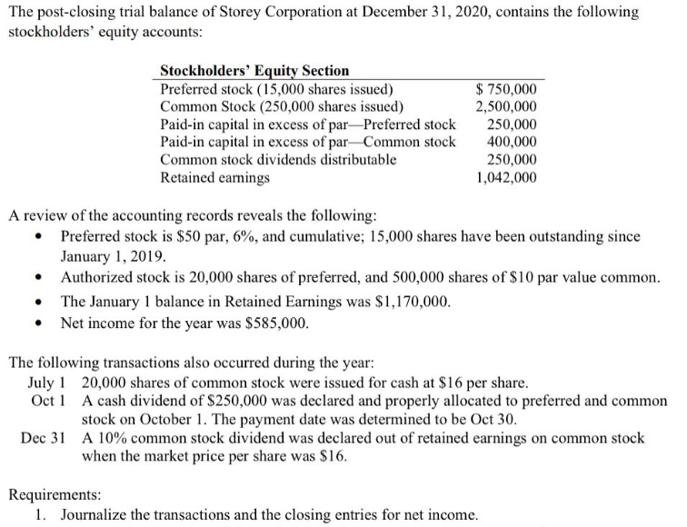 The post-closing trial balance of Storey Corporation at December 31, 2020, contains the following
stockholders' equity accounts:
Stockholders' Equity Section
Preferred stock (15,000 shares issued)
Common Stock (250,000 shares issued)
Paid-in capital in excess of par-Preferred stock
Paid-in capital in excess of par-Common stock
$ 750,000
2,500,000
250,000
400,000
250,000
1,042,000
Common stock dividends distributable
Retained earnings
A review of the accounting records reveals the following:
• Preferred stock is $50 par, 6%, and cumulative; 15,000 shares have been outstanding since
January 1, 2019.
• Authorized stock is 20,000 shares of preferred, and 500,000 shares of $10 par value common.
• The January 1 balance in Retained Earnings was $1,170,000.
• Net income for the year was $585,000.
The following transactions also occurred during the year:
July 1 20,000 shares of common stock were issued for cash at $16 per share.
Oct 1 A cash dividend of $250,000 was declared and properly allocated to preferred and common
stock on October 1. The payment date was determined to be Oct 30.
Dec 31 A 10% common stock dividend was declared out of retained earnings on common stock
when the market price per share was $16.
Requirements:
1. Journalize the transactions and the closing entries for net income.
