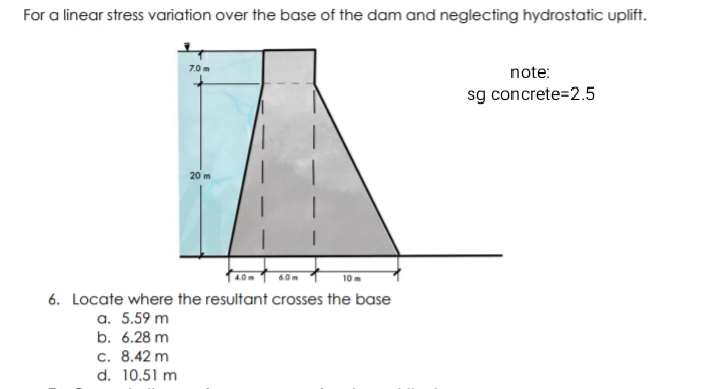 For a linear stress variation over the base of the dam and neglecting hydrostatic uplift.
7.0m
note:
sg concrete=2.5
20 m
4.0 m 1 6.0 m
10 m
6. Locate where the resultant crosses the base
a. 5.59 m
b. 6.28 m
c. 8.42 m
d. 10.51 m
