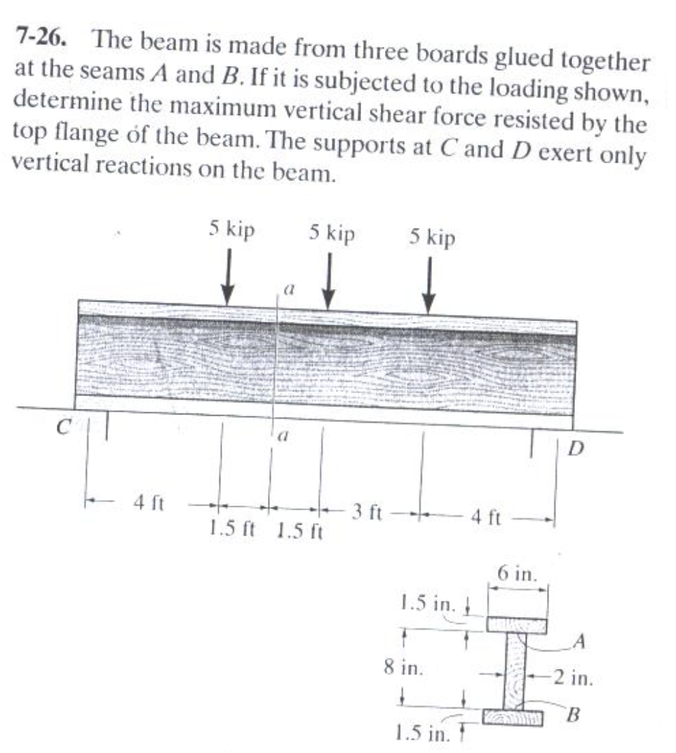 7-26. The beam is made from three boards glued together
at the seams A and B. If it is subjected to the loading shown,
determine the maximum vertical shear force resisted by the
top flange of the beam. The supports at C and D exert only
vertical reactions on the beam.
5 kip
5 kip
5 kip
D
- 4 ft
3 ft
1.5 ft 1.5 ft
4 ft
6 in.
1.5 in.
8 in.
2 in.
B.
1.5 in. T
