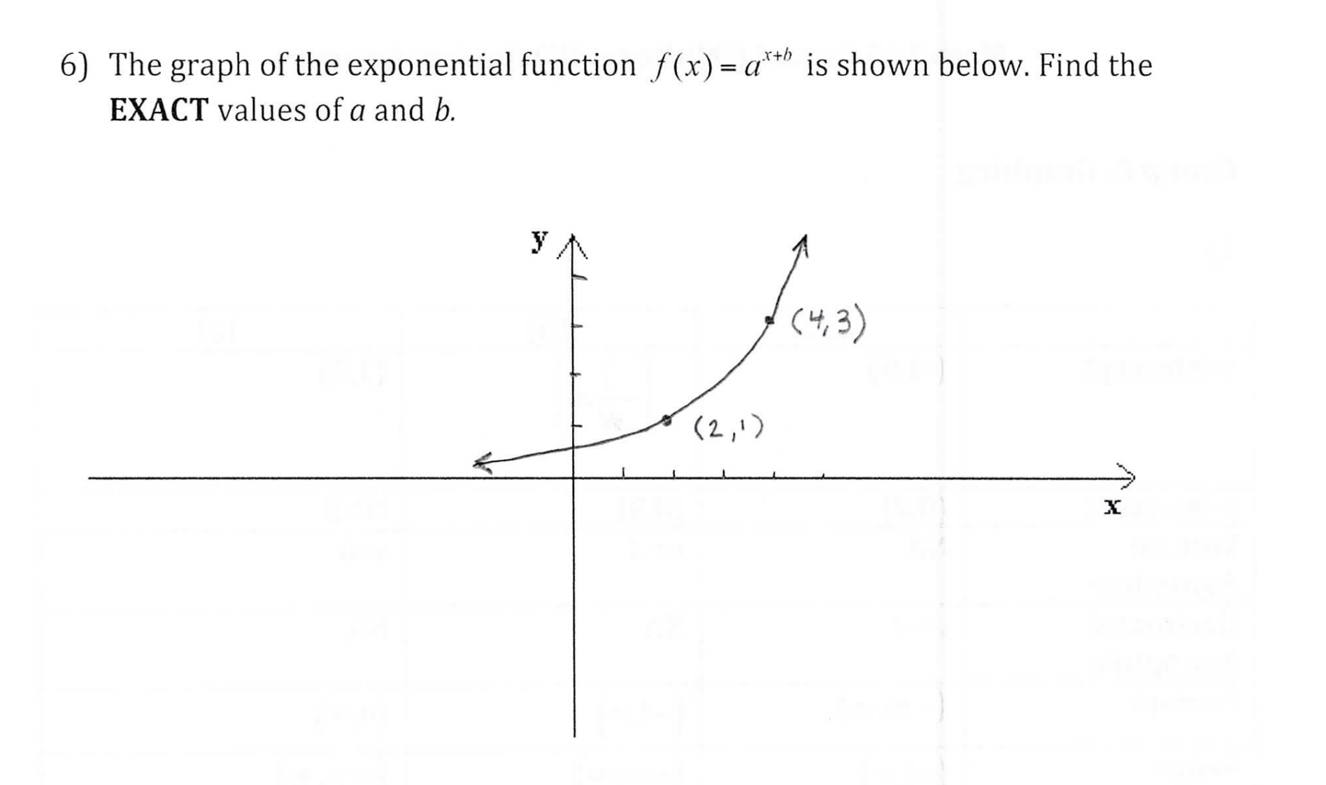 rtb
6) The graph of the exponential function f(x)= a*
is shown below. Find the
EXACT values of a and b.
У
(43)
(2,1)
х
