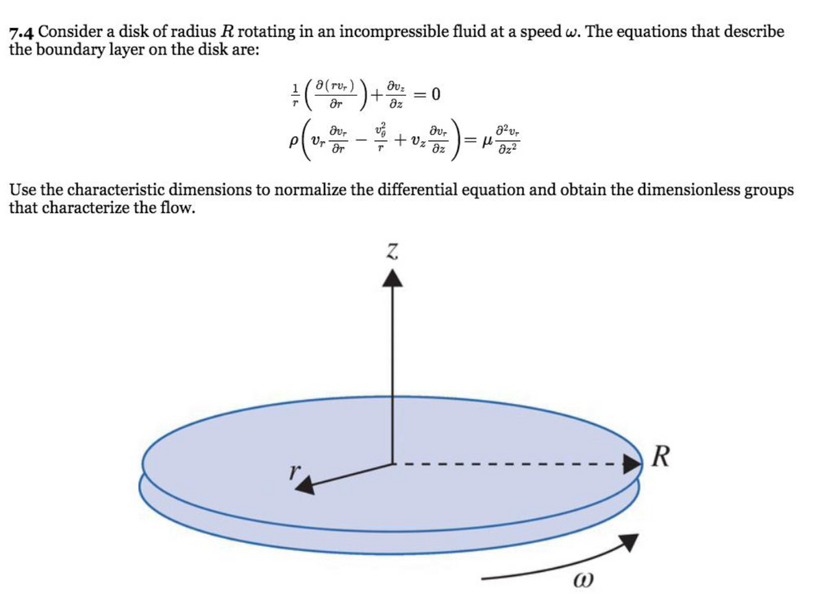 7.4 Consider a disk of radius R rotating in an incompressible fluid at a speed w. The equations that describe
the boundary layer on the disk are:
a(rv,)
Or
az
Pl Vr
Or
Uz
az
Use the characteristic dimensions to normalize the differential equation and obtain the dimensionless groups
that characterize the flow.
Z.
R
