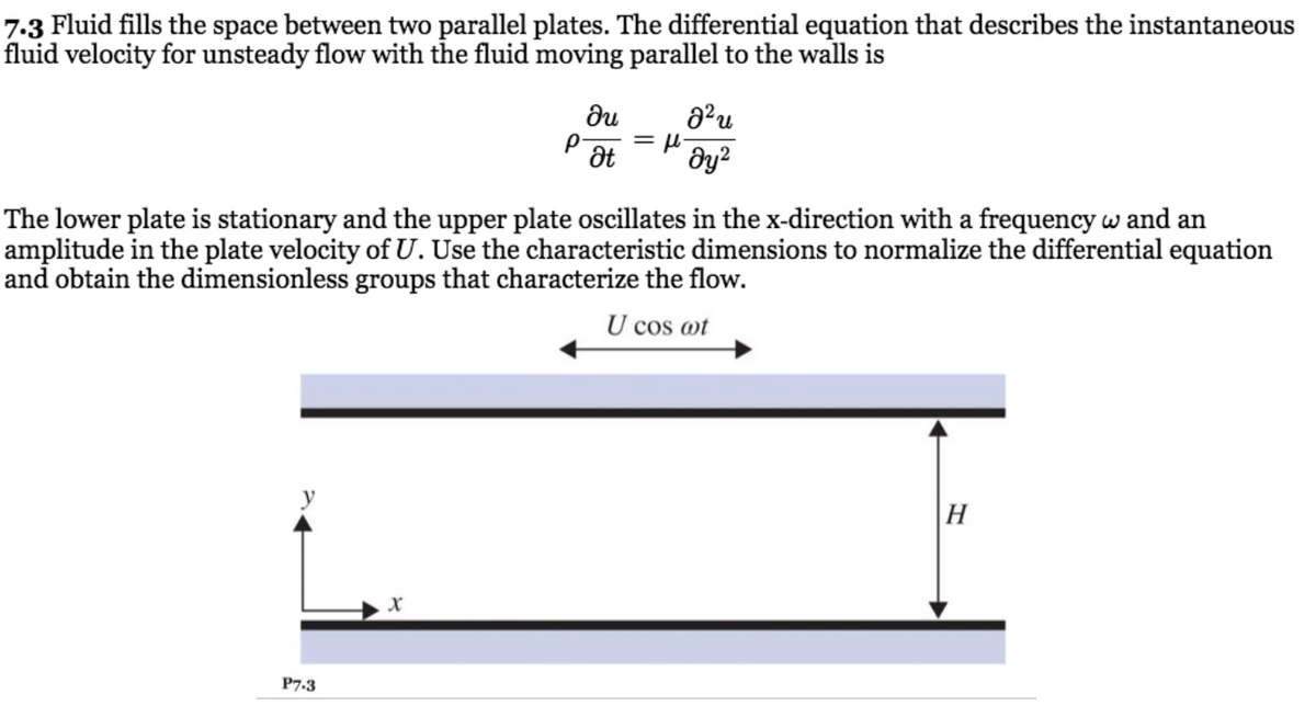 7.3 Fluid fills the space between two parallel plates. The differential equation that describes the instantaneous
fluid velocity for unsteady flow with the fluid moving parallel to the walls is
p-
The lower plate is stationary and the upper plate oscillates in the x-direction with a frequency w and an
amplitude in the plate velocity of U. Use the characteristic dimensions to normalize the differential equation
and obtain the dimensionless groups that characterize the flow.
U cos ot
H
P7.3
