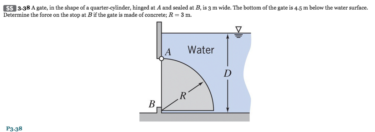 Ss 3-38 A gate, in the shape of a quarter-cylinder, hinged at A and sealed at B, is 3 m wide. The bottom of the gate is 4.5 m below the water surface.
Determine the force on the stop at B if the gate is made of concrete; R = 3 m.
A
Water
D
R'
В
P3.38
