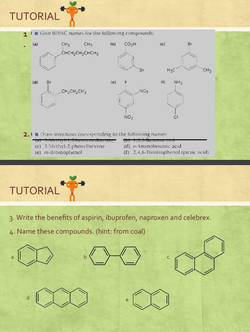 TUTORIAL
1
II Give IUPAČ names for the following compounds:
la)
CH3
CH3
(b)
CO2H
(c)
Br
CHCH2CH2CHCH3
Br
H3C
CH3
(d)
Br
(e)
F
(f)
NH2
CH2CH2CH3
NO2
NO2
CI
2.) I Draw structures corresponding to the following names:
(c) 3-Methyl-2-phenylhexane
(e) m-Bromoplhenol
thj 1,3,5 BeACTICo
(d) 0-Aminobenzoic acid
(6) 2,4,6-Trinitrophenol (picric acid)
TUTORIAL
3. Write the benefits of aspirin, ibuprofen, naproxen and celebrex.
4. Name these compounds. (hint: from coal)
a
