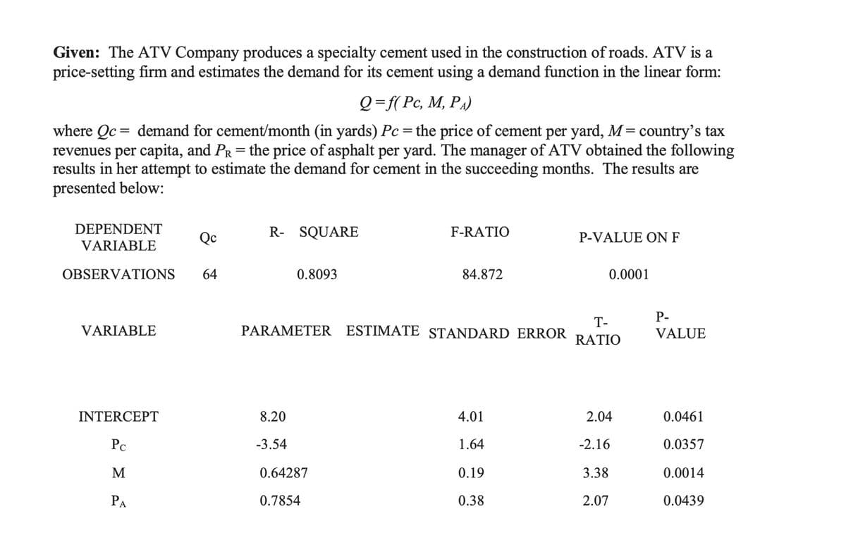Given: The ATV Company produces a specialty cement used in the construction of roads. ATV is a
price-setting firm and estimates the demand for its cement using a demand function in the linear form:
Q=f( Pc, M, PA)
where Qc = demand for cement/month (in yards) Pc = the price of cement per yard, M= country's tax
revenues per capita, and PR = the price of asphalt per yard. The manager of ATV obtained the following
results in her attempt to estimate the demand for cement in the succeeding months. The results are
presented below:
%3D
DEPENDENT
R- SQUARE
F-RATIO
Qc
P-VALUE ON F
VARIABLE
OBSERVATIONS
64
0.8093
84.872
0.0001
Р-
T-
VARIABLE
PARAMETER ESTIMATE STANDARD ERROR
VALUE
RATIO
INTERCEPT
8.20
4.01
2.04
0.0461
Pc
-3.54
1.64
-2.16
0.0357
M
0.64287
0.19
3.38
0.0014
PA
0.7854
0.38
2.07
0.0439
