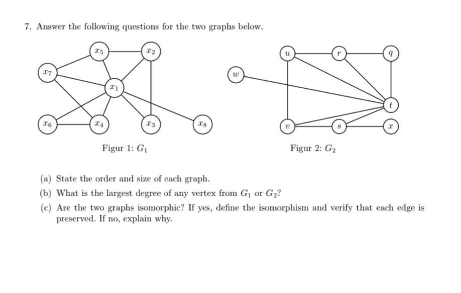 7. Answer the following questions for the two graphs below.
I6
13
I8
Figur 1: G1
Figur 2: G2
(a) State the order and size of each graph.
(b) What is the largest degree of any vertex from G1 or G2?
(c) Are the two graphs isomorphic? If yes, define the isomorphism and verify that each edge is
preserved. If no, explain why.
