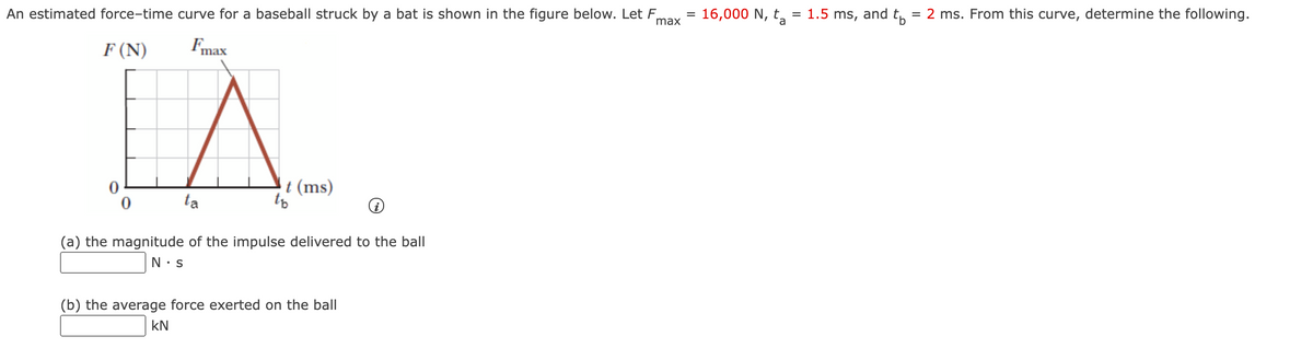 An estimated force-time curve for a baseball struck by a bat is shown in the figure below. Let F,
16,000 N, t, = 1.5 ms, and t,
= 2 ms. From this curve, determine the following.
max
a
F (N)
Fmax
t (ms)
to
ta
(a) the magnitude of the impulse delivered to the ball
S • N
(b) the average force exerted on the ball
kN
