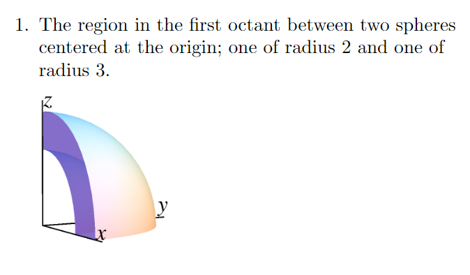 1. The region in the first octant between two spheres
centered at the origin; one of radius 2 and one of
radius 3.
