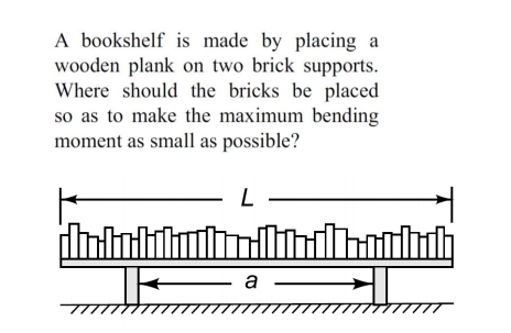 A bookshelf is made by placing a
wooden plank on two brick supports.
Where should the bricks be placed
so as to make the maximum bending
moment as small as possible?
L
a

