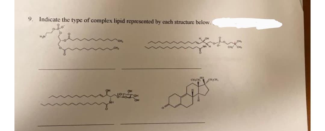 9.
Indicate the type of complex lipid represented by each structure below.
