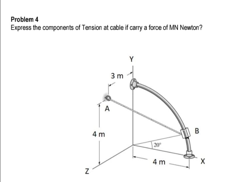 Problem 4
Express the components of Tension at cable if carry a force of MN Newton?
Y
3 m
A
В
4 m
20°
4 m
