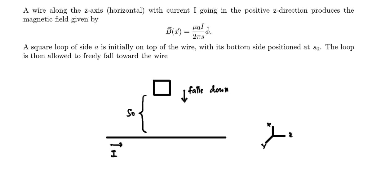 A wire along the z-axis (horizontal) with current I going in the positive z-direction produces the
magnetic field given by
B(x) = -6.
μοι
2TS
A square loop of side a is initially on top of the wire, with its bottom side positioned at so. The loop
is then allowed to freely fall toward the wire
TH
☐ I falle down
so{
į
2