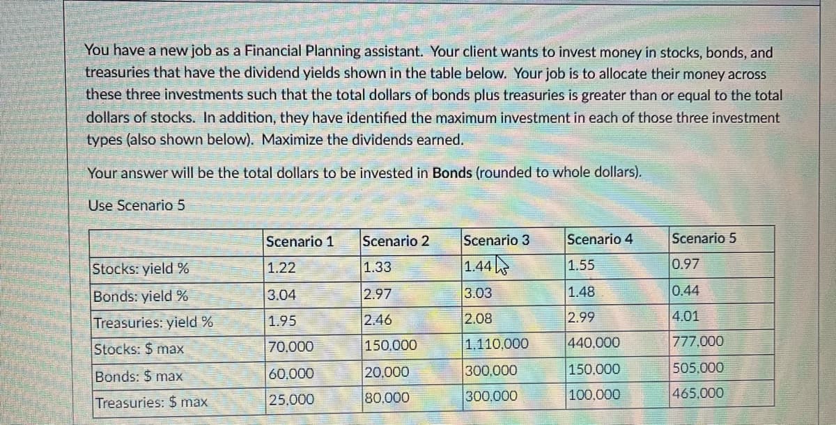 You have a new job as a Financial Planning assistant. Your client wants to invest money in stocks, bonds, and
treasuries that have the dividend yields shown in the table below. Your job is to allocate their money across
these three investments such that the total dollars of bonds plus treasuries is greater than or equal to the total
dollars of stocks. In addition, they have identified the maximum investment in each of those three investment
types (also shown below). Maximize the dividends earned.
Your answer will be the total dollars to be invested in Bonds (rounded to whole dollars).
Use Scenario 5
Scenario 1
Scenario 2
Scenario 3
Scenario 4
Scenario 5
1.44
1.55
Stocks: yield %
1.22
1.33
0.97
Bonds: yield %
3.04
2.97
3.03
1.48
0.44
Treasuries: yield %
2.46
2.08
2.99
4.01
1.95
Stocks: $ max
70,000
150,000
1.110,000
440,000
777,000
Bonds: $ max
60,000
20,000
300,000
150.000
505.000
25,000
80,000
300,000
100,000
465.000
Treasuries: $ max
