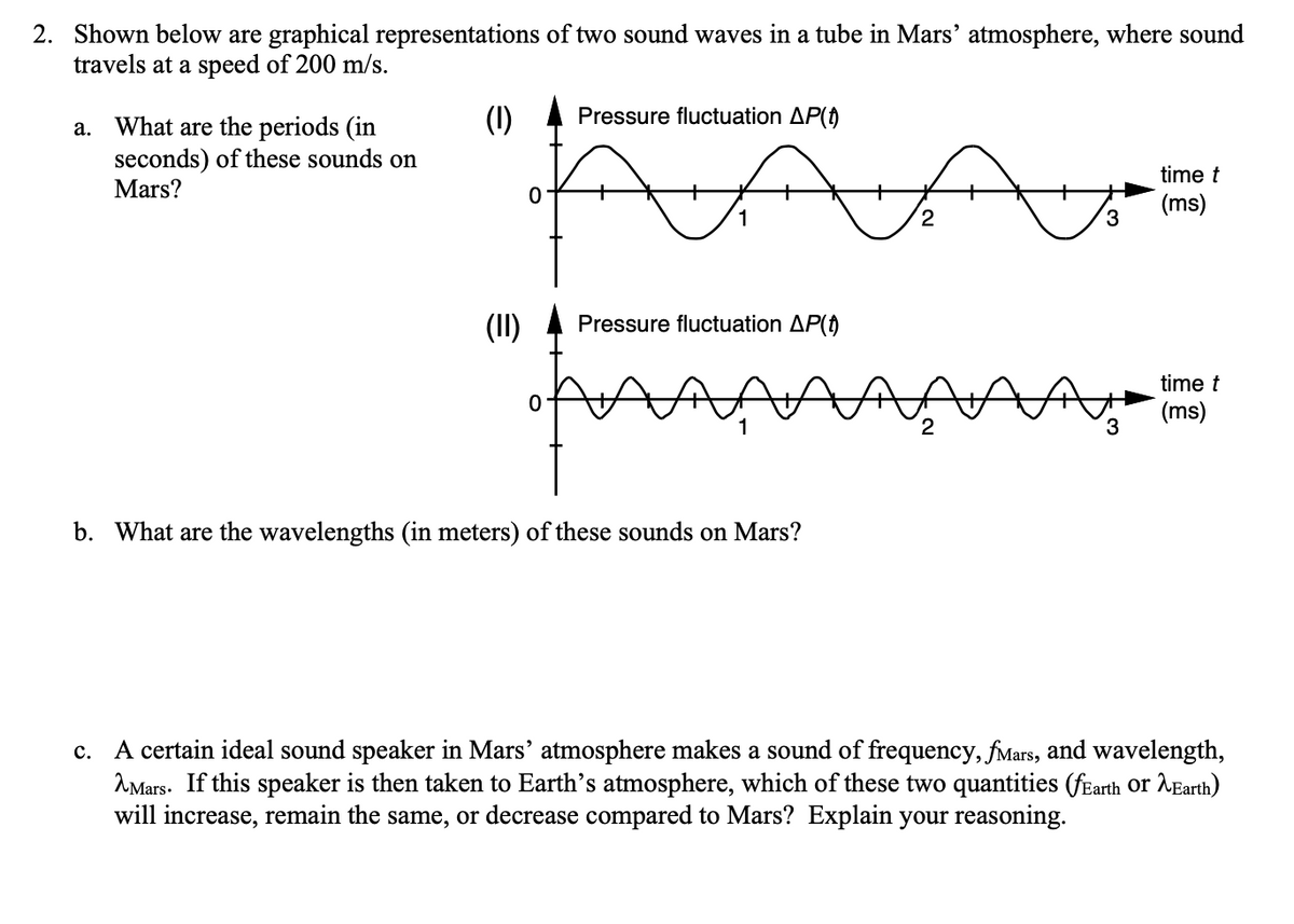 2. Shown below are graphical representations of two sound waves in a tube in Mars' atmosphere, where sound
travels at a speed of 200 m/s.
(1)
Pressure fluctuation AP(t)
What are the periods (in
seconds) of these sounds on
Mars?
а.
time t
(ms)
3
1
(II)
Pressure fluctuation AP()
time t
At
(ms)
3
1
b. What are the wavelengths (in meters) of these sounds on Mars?
c. A certain ideal sound speaker in Mars' atmosphere makes a sound of frequency, fMars, and wavelength,
AMars. If this speaker is then taken to Earth's atmosphere, which of these two quantities (fEarth or AEarth)
will increase, remain the same, or decrease compared to Mars? Explain your reasoning.
