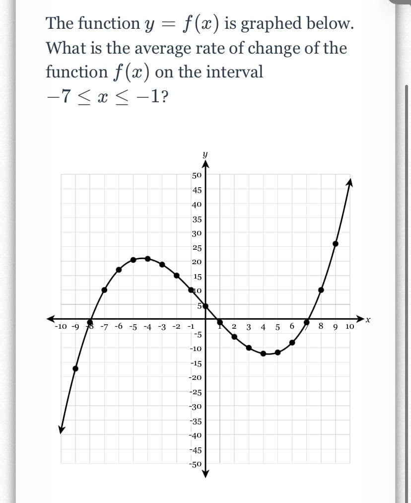 The function y = f(x) is graphed below.
What is the average rate of change of the
function f(x) on the interval
-7< x < -1?
50
45
40
35
30
25
20
15
5
-10 -9
-7 -6 -5 -4 -3
-2
-1
2.
3
4
5 6
9 10
-5
-10
-15
-20
-25
-30
-35
-40
-45
-50

