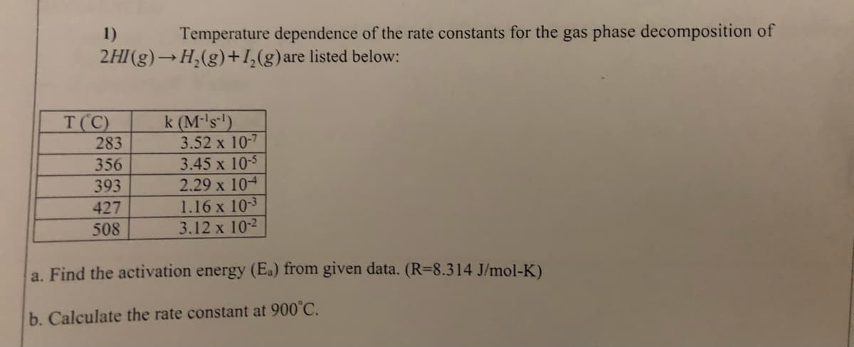 1)
Temperature dependence of the rate constants for the gas phase decomposition of
2HI(g) H,(g)+I,(g)are listed below:
T(C)
283
k (M-'s"')
3.52 x 10-7
3.45 x 10-5
356
2.29 x 104
1.16 x 10-3
3.12 x 10-2
393
427
508
a. Find the activation energy (Ea) from given data. (R=8.314 J/mol-K)
b. Calculate the rate constant at 900°C.
