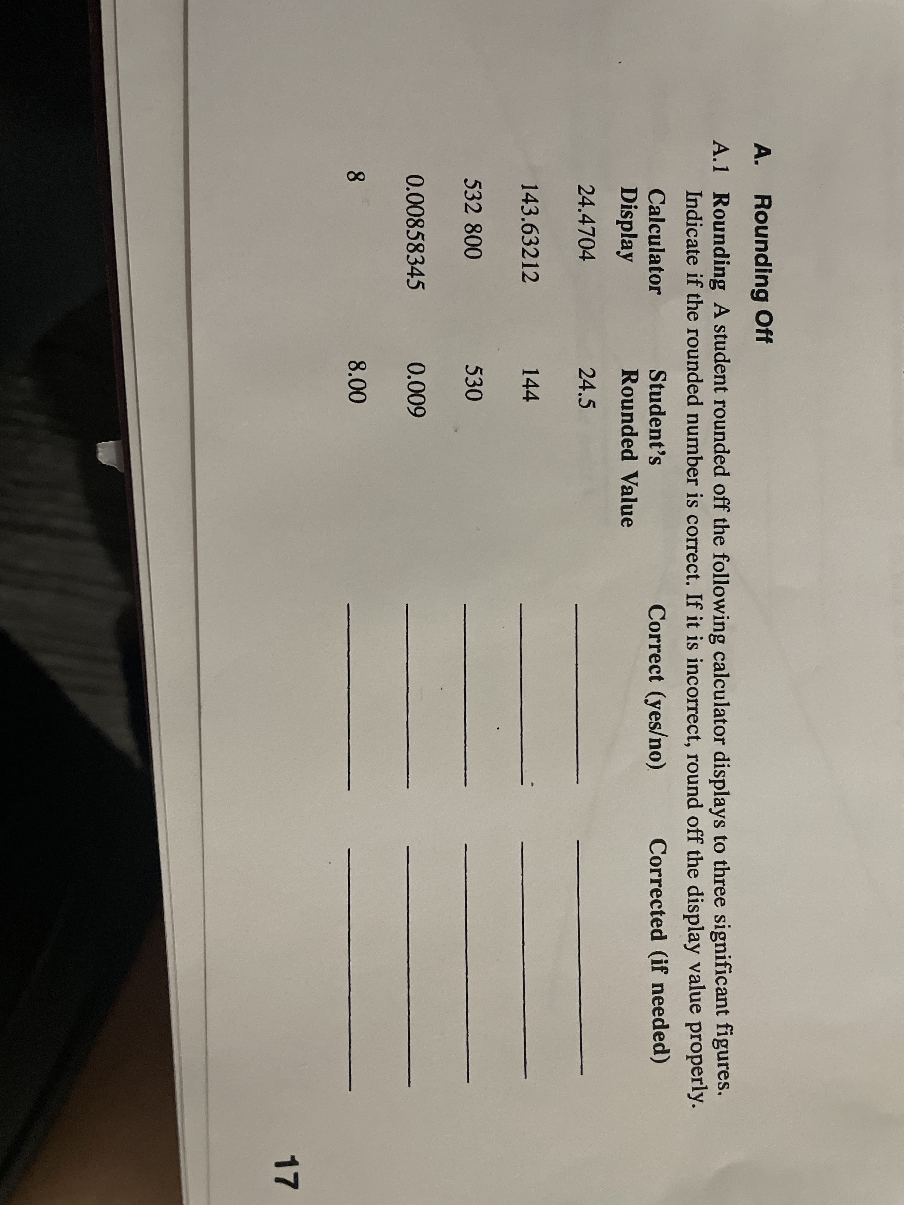 A. Rounding Off
A.1 Rounding A student rounded off the following calculator displays to three significant figures.
Indicate if the rounded number is correct. If it is incorrect, round off the display value properly.
Calculator
Student's
Correct (yes/no).
Corrected (if needed)
Display
Rounded Value
24.4704
24.5
143.63212
144
532 800
530
0.00858345
0.009
8.
8.00
17
