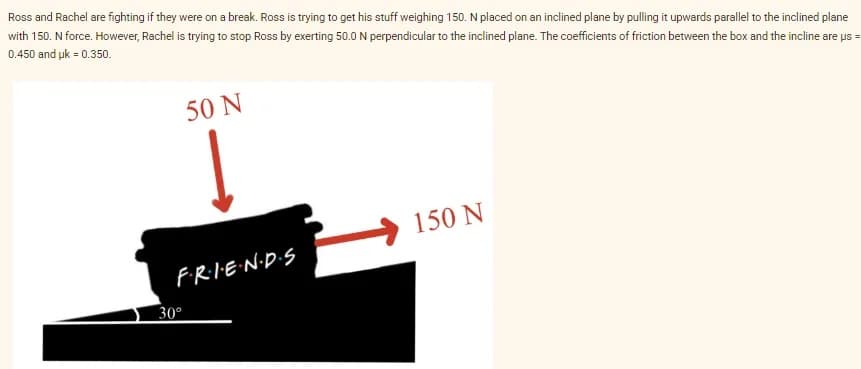 Ross and Rachel are fighting if they were on a break. Ross is trying to get his stuff weighing 150. N placed on an inclined plane by pulling it upwards parallel to the inclined plane
with 150. N force. However, Rachel is trying to stop Ross by exerting 50.0 N perpendicular to the inclined plane. The coefficients of friction between the box and the incline are us=
0.450 and uk = 0.350.
50 N
F·R·I·E·N·D·S
30⁰
150 N